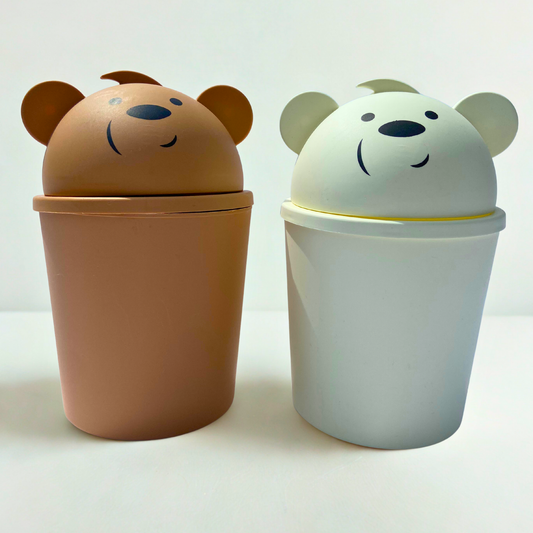 Cute bear-themed storage containers in brown and white, featuring playful bear faces and ears, perfect for organizing small essentials while adding a decorative touch.
