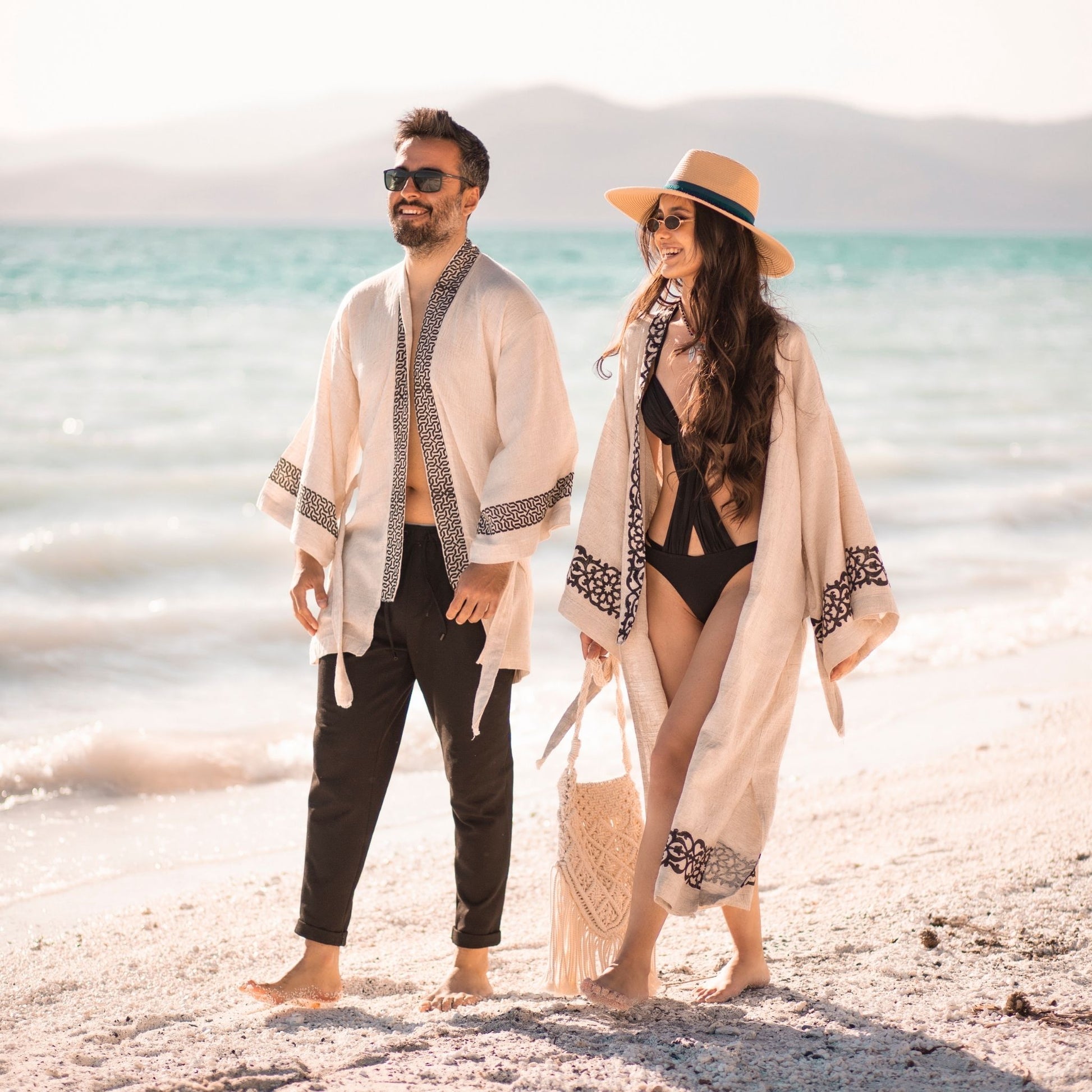 Unisex linen and hemp kimono robe with hand-block printed boho pattern, styled as beach cover-up